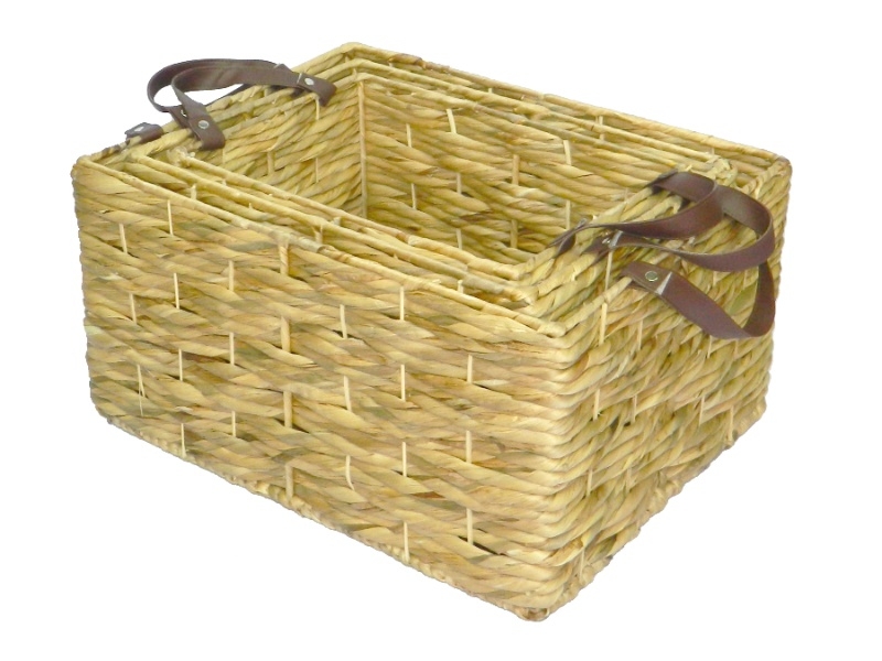 Custom-made Rectangular Water Hyacinth Storage Baskets with Faux Leather Handles